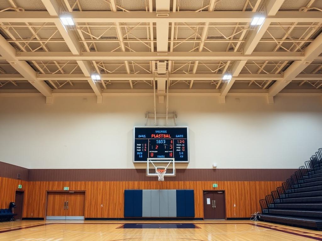 Indoor gymnasium basketball scoreboard with shot clock mounted on a South Texas school gym wall