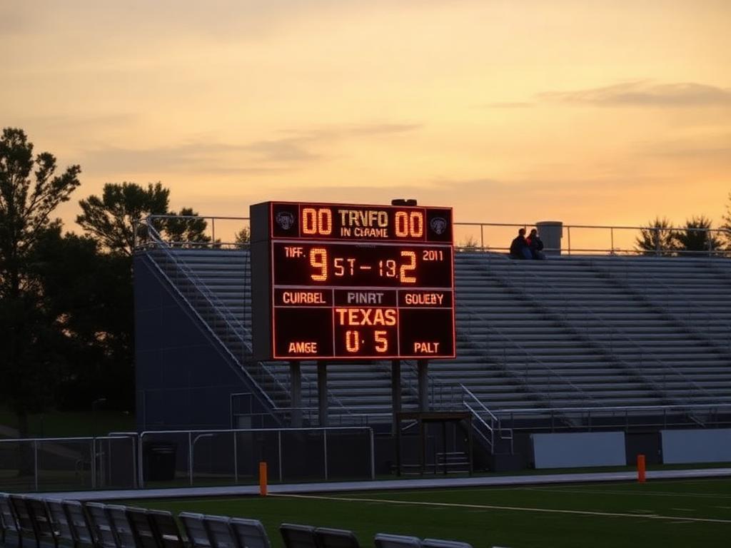 Compact LED scoreboard at a South Texas high school football stadium during sunset with bleachers in the background
