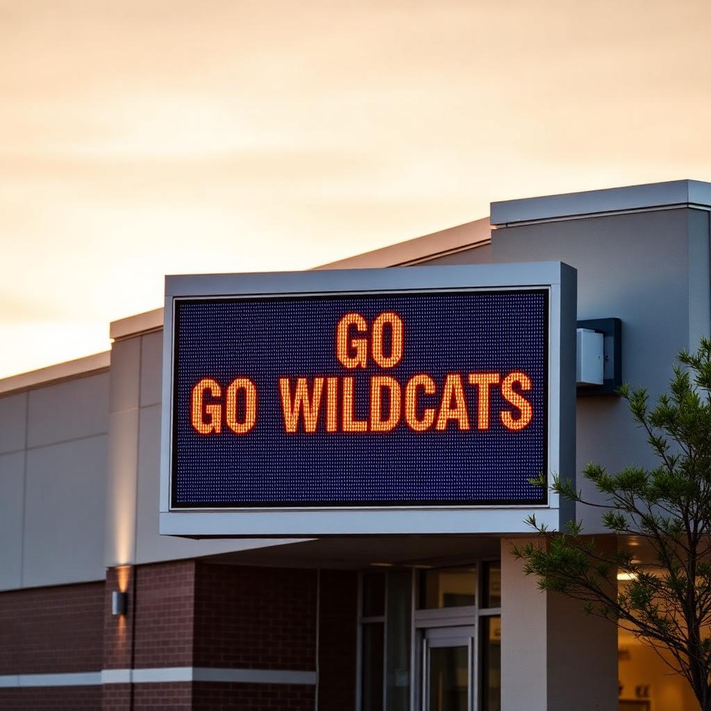 Ultra-modern full-color LED digital marquee sign displaying bright graphics at a South Texas school entrance